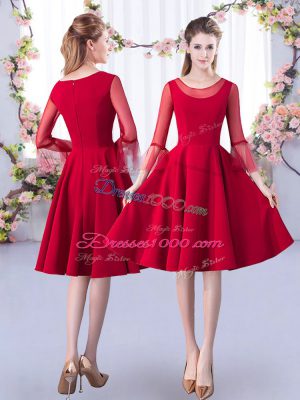 Red A-line Scoop 3 4 Length Sleeve Satin Knee Length Zipper Ruching Bridesmaid Dresses