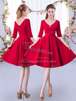 Red A-line Scoop 3 4 Length Sleeve Satin Knee Length Zipper Ruching Bridesmaid Dresses