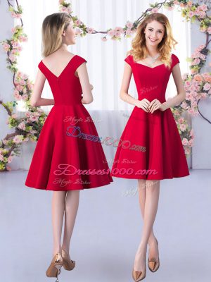 Red A-line Scoop 3 4 Length Sleeve Satin Knee Length Zipper Ruching Bridesmaid Dresses