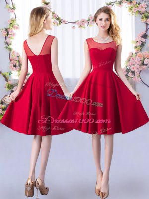 Red A-line Scoop 3 4 Length Sleeve Satin Knee Length Zipper Ruching Bridesmaid Dresses