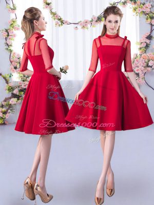 Red A-line Scoop 3 4 Length Sleeve Satin Knee Length Zipper Ruching Bridesmaid Dresses