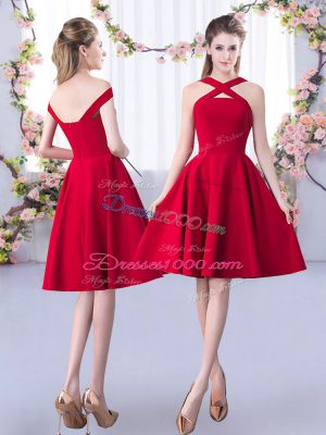 Red A-line Scoop 3 4 Length Sleeve Satin Knee Length Zipper Ruching Bridesmaid Dresses