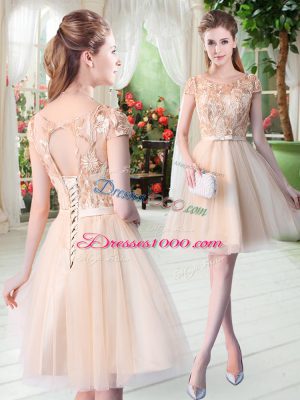 Pretty Champagne A-line Scoop Short Sleeves Tulle Mini Length Lace Up Appliques Evening Dress