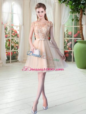 Pretty Champagne A-line Scoop Short Sleeves Tulle Mini Length Lace Up Appliques Evening Dress