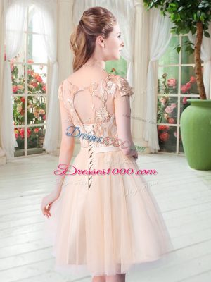 Pretty Champagne A-line Scoop Short Sleeves Tulle Mini Length Lace Up Appliques Evening Dress