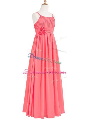 Sexy Pleated and Hand Made Flower Evening Dress Watermelon Red Zipper Sleeveless Floor Length