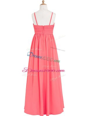 Sexy Pleated and Hand Made Flower Evening Dress Watermelon Red Zipper Sleeveless Floor Length