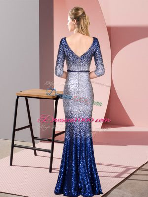 Multi-color Sequined Zipper V-neck 3 4 Length Sleeve Floor Length Evening Dress Belt