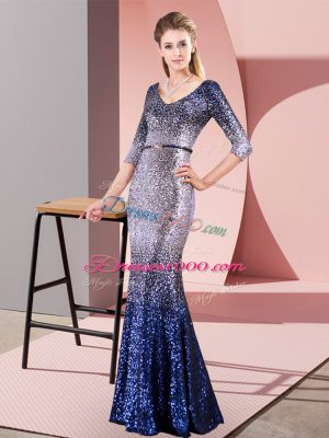 Multi-color Sequined Zipper V-neck 3 4 Length Sleeve Floor Length Evening Dress Belt