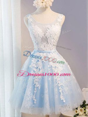 Knee Length Baby Blue Dress for Prom Scoop Sleeveless Lace Up