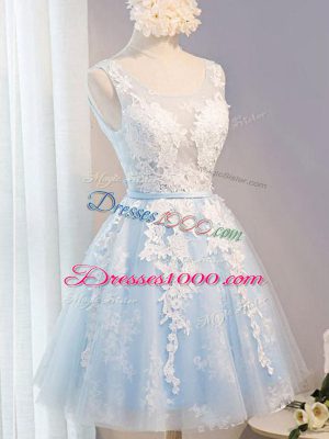 Knee Length Baby Blue Dress for Prom Scoop Sleeveless Lace Up