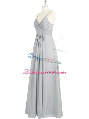 Shining Spaghetti Straps Sleeveless Prom Party Dress Floor Length Ruching Grey Chiffon