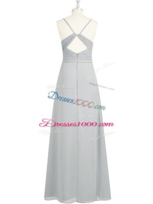 Shining Spaghetti Straps Sleeveless Prom Party Dress Floor Length Ruching Grey Chiffon