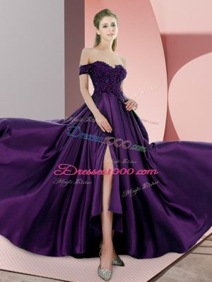 Stunning Elastic Woven Satin Sleeveless Sweep Train and Beading and Lace
