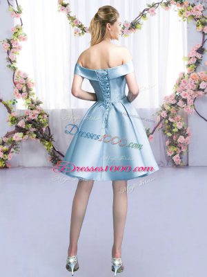 Light Blue A-line Off The Shoulder Sleeveless Satin Mini Length Lace Up Belt Bridesmaid Dress