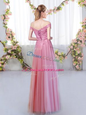 Pink Empire Off The Shoulder Sleeveless Tulle Floor Length Lace Up Lace Bridesmaid Dress