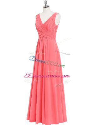 Watermelon Red V-neck Zipper Ruching Sleeveless