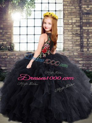 Top Selling Floor Length Zipper Little Girls Pageant Dress Black for Party and Wedding Party with Embroidery and Ruffles