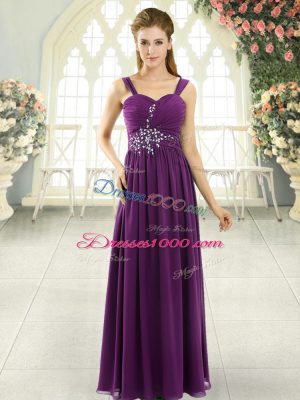Perfect Floor Length Dark Purple Evening Dress Chiffon Sleeveless Beading and Ruching