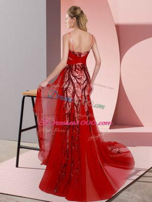 Flirting Fuchsia Sleeveless Sweep Train Beading and Lace Dress for Prom