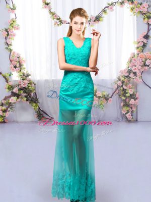 Sleeveless Tulle Floor Length Lace Up Quinceanera Dama Dress in Turquoise with Lace