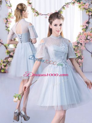 Colorful Mini Length Lace Up Bridesmaids Dress Grey for Prom and Party and Wedding Party with Lace