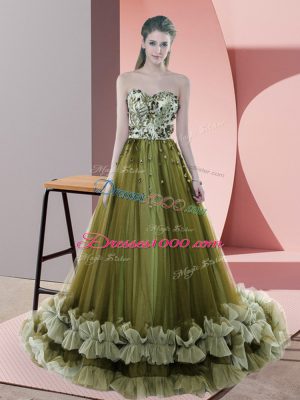 Beading and Appliques Prom Party Dress Olive Green Lace Up Sleeveless Sweep Train