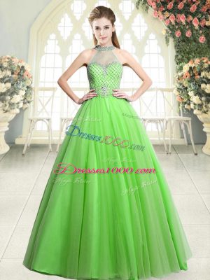Graceful A-line Tulle Halter Top Sleeveless Beading Floor Length Zipper Prom Gown