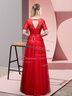 Beading and Lace Evening Party Dresses Red Backless Short Sleeves Floor Length