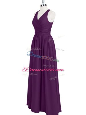 Eggplant Purple V-neck Zipper Ruching Prom Party Dress Sleeveless