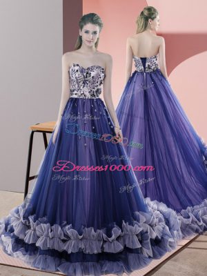 Blue Sleeveless Tulle Sweep Train Lace Up Evening Dress for Prom and Party and Military Ball