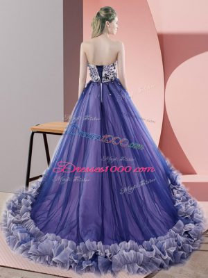 Blue Sleeveless Tulle Sweep Train Lace Up Evening Dress for Prom and Party and Military Ball