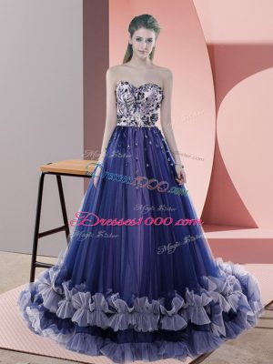 Blue Sleeveless Tulle Sweep Train Lace Up Evening Dress for Prom and Party and Military Ball