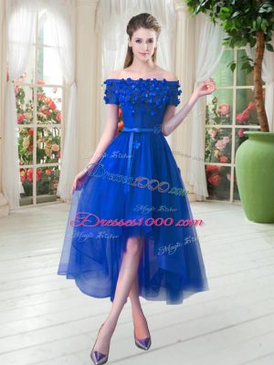 Modern Tulle Off The Shoulder Short Sleeves Lace Up Appliques Prom Party Dress in Royal Blue