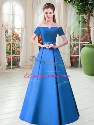 Smart Blue Satin Lace Up Off The Shoulder Short Sleeves Floor Length Prom Dresses Belt