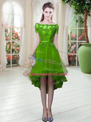 Beautiful Short Sleeves Appliques High Low Prom Evening Gown