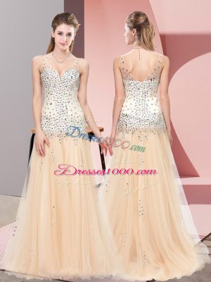 Discount V-neck Sleeveless Prom Evening Gown Sweep Train Beading Champagne Tulle