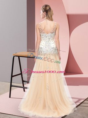 Discount V-neck Sleeveless Prom Evening Gown Sweep Train Beading Champagne Tulle