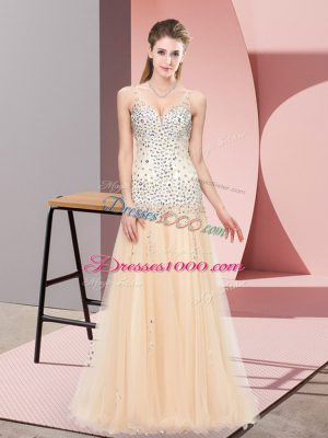 Discount V-neck Sleeveless Prom Evening Gown Sweep Train Beading Champagne Tulle