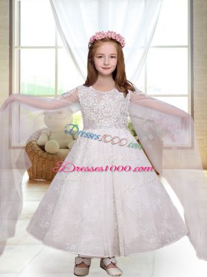White A-line Scoop Long Sleeves Ankle Length Zipper Lace Flower Girl Dresses for Less