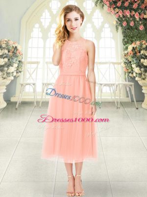 Customized Peach Empire Lace Prom Evening Gown Zipper Chiffon Sleeveless Tea Length