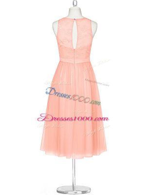 Customized Peach Empire Lace Prom Evening Gown Zipper Chiffon Sleeveless Tea Length