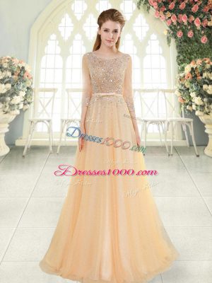 Nice Champagne Empire Beading Evening Dress Zipper Tulle 3 4 Length Sleeve