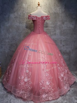 Fashionable Watermelon Red Sleeveless Tulle Lace Up Sweet 16 Quinceanera Dress for Military Ball and Sweet 16 and Quinceanera