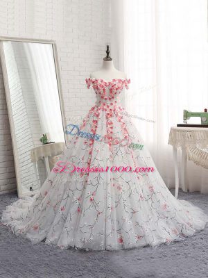 Enchanting Off The Shoulder Sleeveless Tulle Quinceanera Dress Appliques Brush Train Lace Up