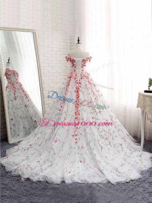 Enchanting Off The Shoulder Sleeveless Tulle Quinceanera Dress Appliques Brush Train Lace Up