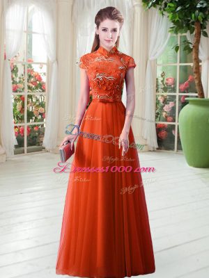 Suitable Appliques Orange Red Lace Up Cap Sleeves Floor Length