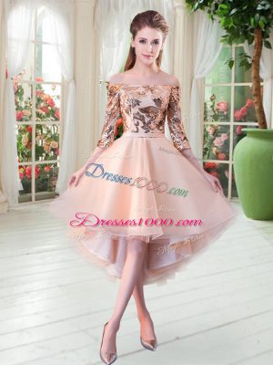 Enchanting Peach 3 4 Length Sleeve Sequins High Low Dress for Prom