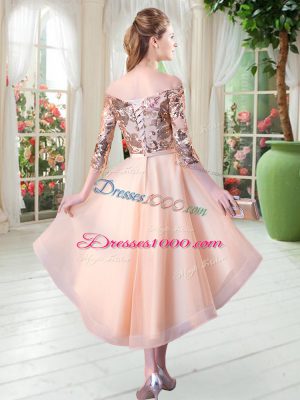 Enchanting Peach 3 4 Length Sleeve Sequins High Low Dress for Prom