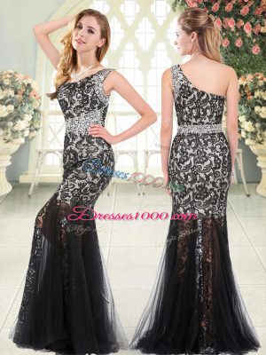 Unique Black Tulle Zipper Sleeveless Floor Length Beading and Lace